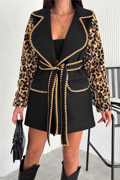 FEMELLE Mâneci cu imprimeu leopard negru pentru femei, cu centură de blană, broderie, haină cu ștampilă brodata