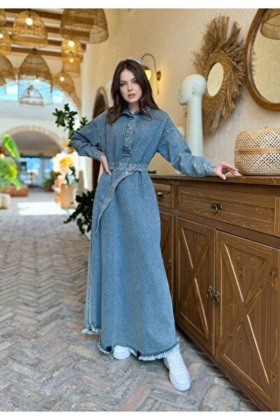Cardella Premium Quality Denim Dress Zipper and Belt Detailed Denim Dress