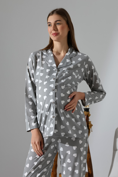 LİKAPA Likapa fésült pamut elöl gombos kismama hosszú ujjú pizsama szett