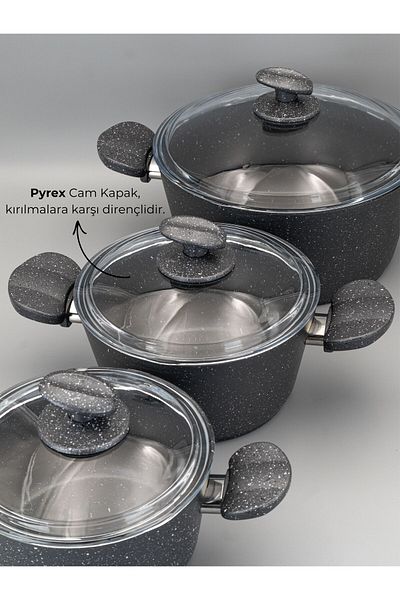 Bonera Marbella 13 Piece Set - Gray Granite Pot and Spoon 26cm, 20cm and 18cm