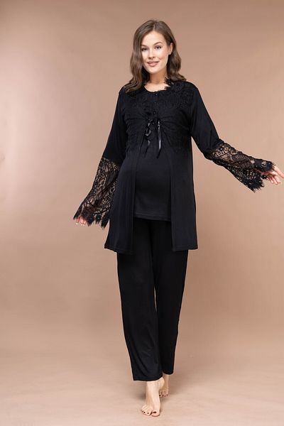 Rimel Homewear Maternity Pajama Set with Black Lace Detail and Dressing Gown