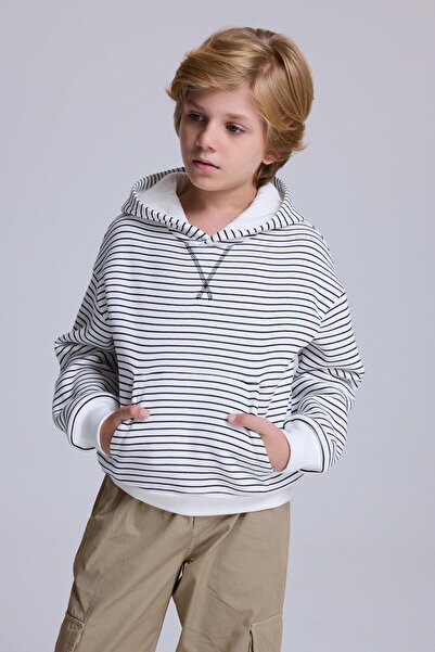 BABOKAH (Kids Boy) Çizgili Kanguru Cep Kapüşonlu Sweatshirt