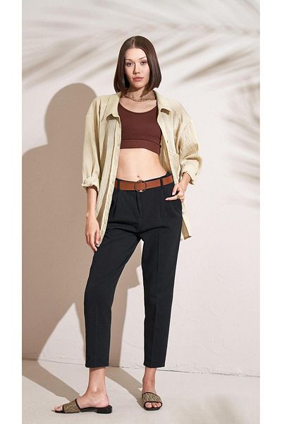 TENA Black Gabardine Belted Women's Carrot Trousers