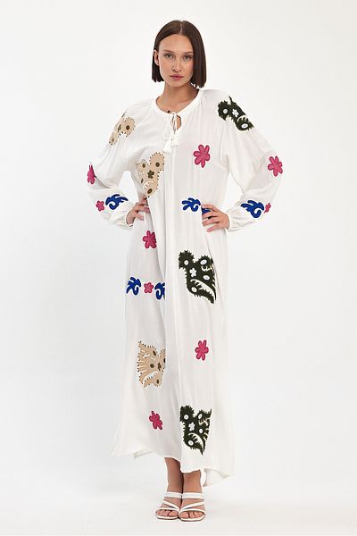 Denismoda Women's Long Sleeve Applique Detailed Long Viscose Dress