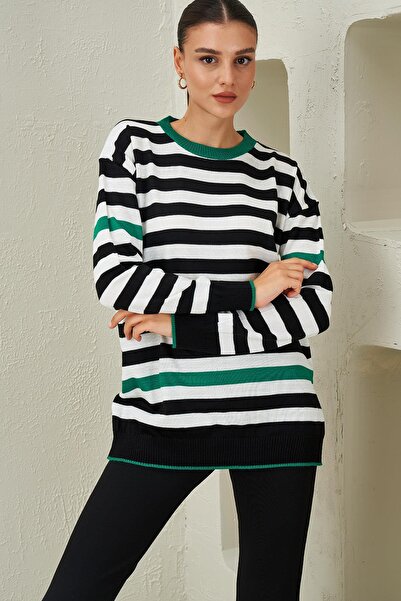 TENA Women's Emerald-Black-Ecru Crew Neck Three Color Striped Knitwear Sweater