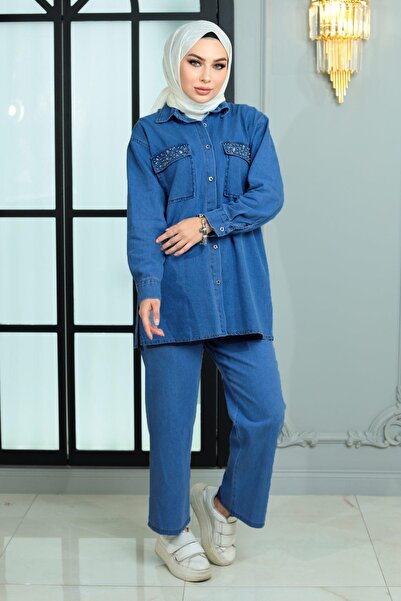 Modamihram Μπλε τζιν κοστούμι 19285 - με κουμπιά και πέτρινες λεπτομέρειες