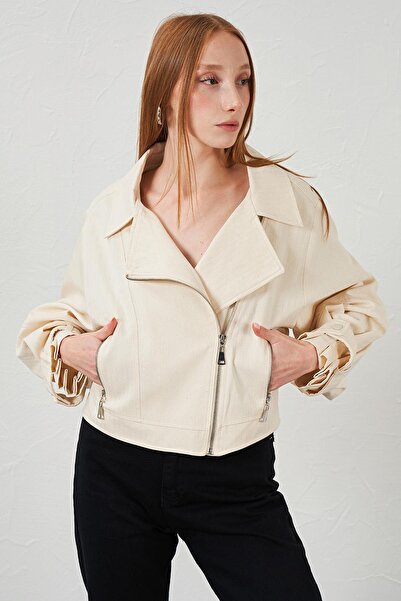 TENA Women's Natural Side Zipper Sleeve Cuffed Fish Back Gabardine Jacket