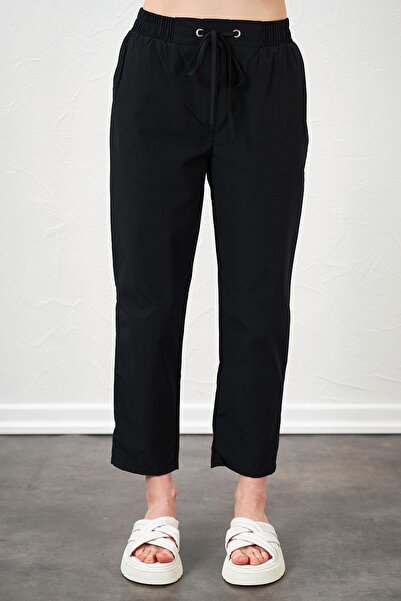 TENA Women's Black Tie Waist Carrot Leg Poplin Trousers