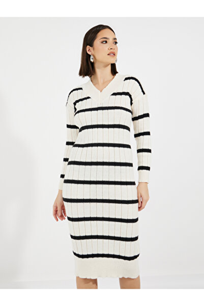Styli Striped Knitted Sweater Midi Dress