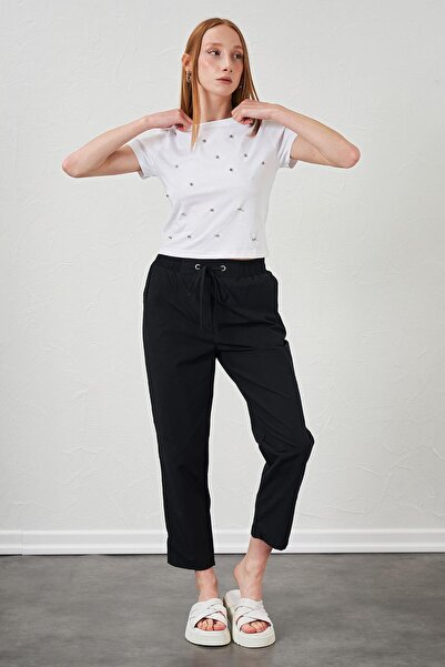 TENA Women's Black Tie Waist Carrot Leg Poplin Trousers