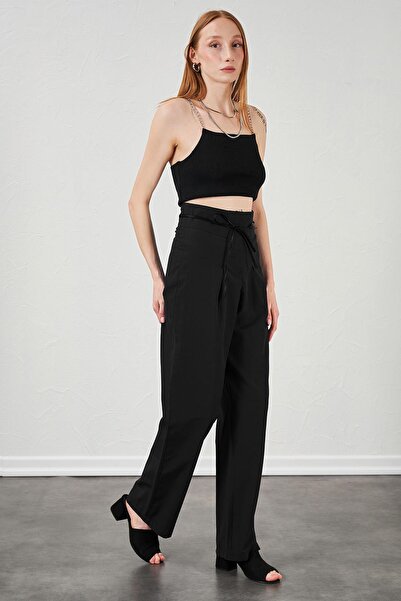 TENA Women's Black High Waist Leather Belt Poplin Trousers