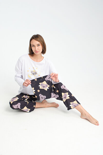 Rasabeauty طقم بيجامة قطن ممشط مطبوع بأكمام طويلة سوبر سوفت