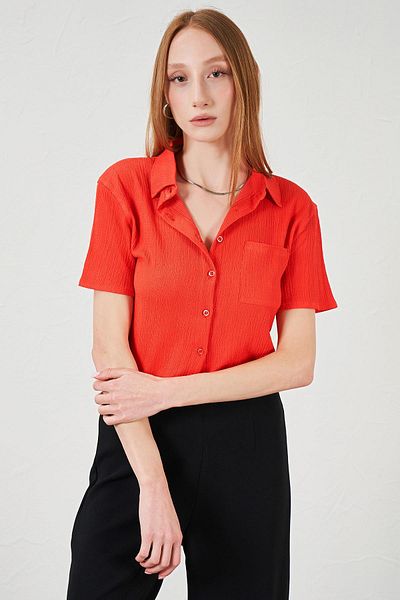 TENA Women's Pomegranate Wrap Single Pocket Crop Shirt