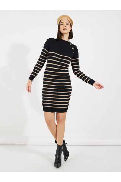 Styli Striped Button Detail Sweater Knee Length Dress