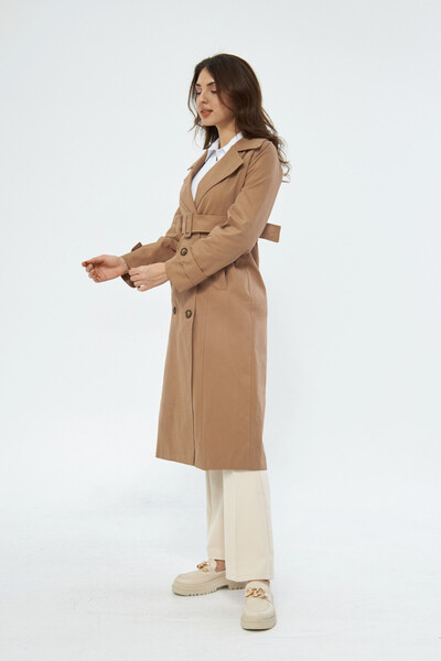 PASTELASTORE Koyu Bej %100 Pamuk Ekstra Uzun (120CM) Kruvaze Kadın Trençkot 1121