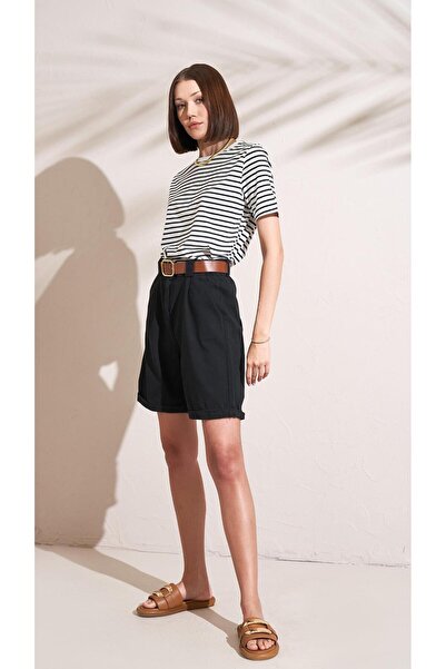 TENA Black Gabardine Shorts - High Waist and Belted Women's Shorts