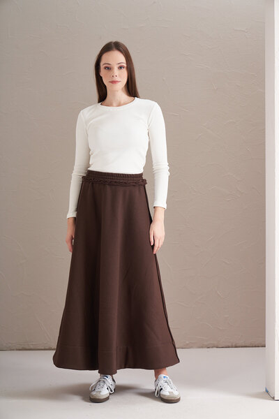 Mevra 3 İplik Şardonlu Daire Etek Bitter Kahve