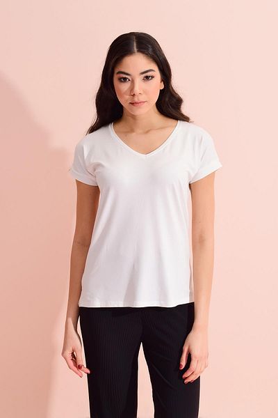 TENA Tricou casual ecru cu decolteu în V pentru damă