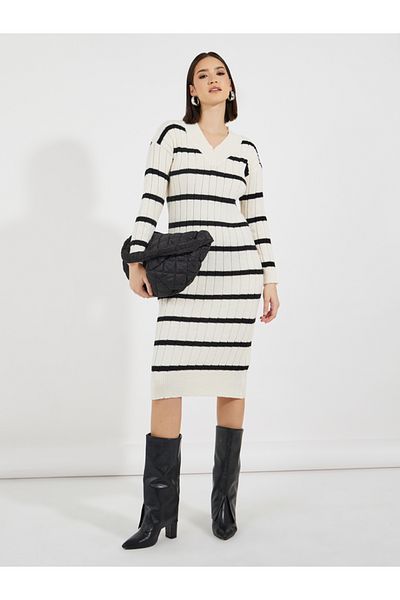 Styli Striped Knitted Sweater Midi Dress