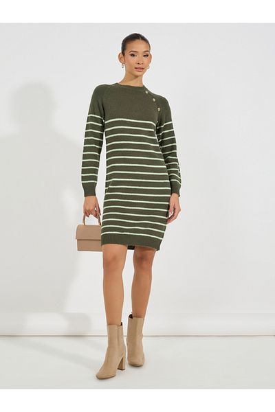 Styli Striped Button Detail Sweater Knee Length Dress