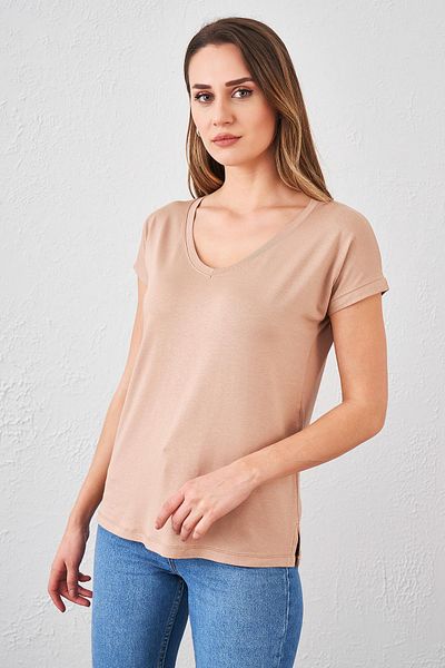 TENA MODA Women's Biscuit V-Neck Wide Casual T-Shirt