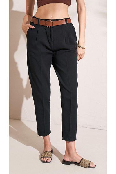 TENA Black Gabardine Belted Women's Carrot Trousers
