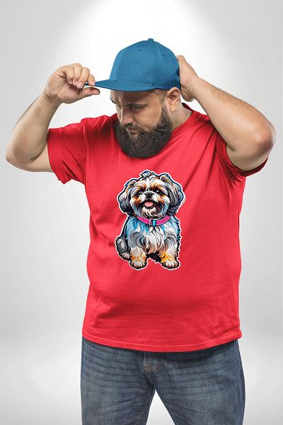 Angemiel تي شيرت أحمر كبير الحجم للرجال والنساء للجنسين بنمط Shih Tzu