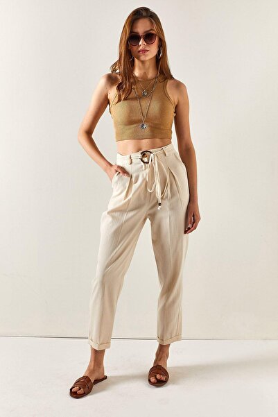 TENA Women's Natural Belted Basic Fish Back Gabardine Fabric Trousers