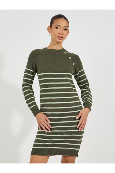 Styli Striped Button Detail Sweater Knee Length Dress