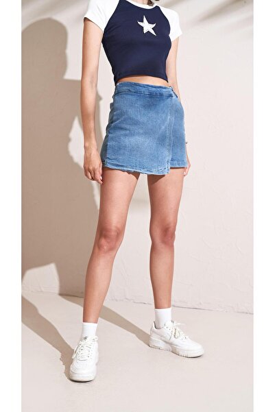 TENA Kadın Denim Yanı Fermuarlı Pileli Denim Şort Etek
