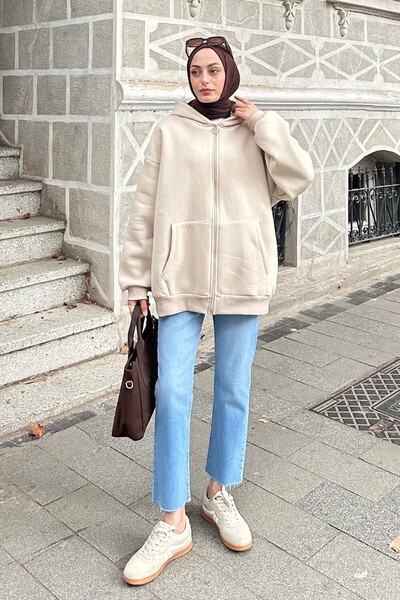lamelif Ön Fermuarlı Düz Sweatshirt Krem