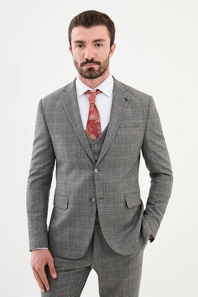 Mcr Plaid Slim Fit Mono Collar Men's Suit Gray - 45365.24K