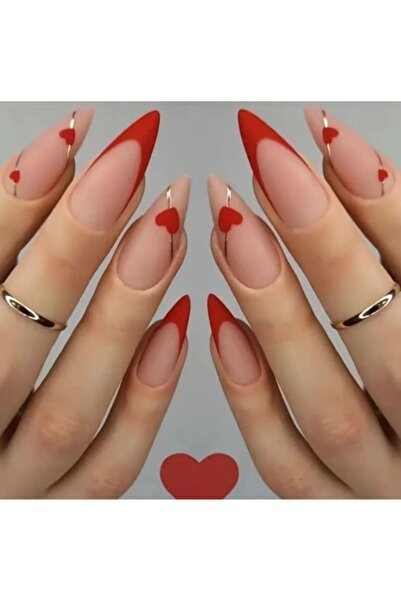 Alya Nail Studio Kırmızı French Kalp Kadın Takma Tırnak Ojeli Set Jel Protez ...