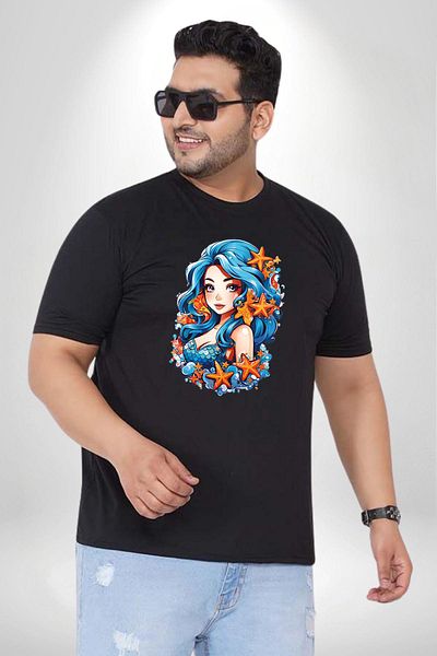 Angemiel تي شيرت Mermaid Star Blue مقاس كبير للجنسين - موديل أساسي وشعر