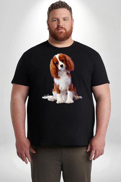Angemiel تي شيرت أسود كبير الحجم للجنسين من Cavalier King Charles Spaniel - موديل أساسي مطبوع من الأمام