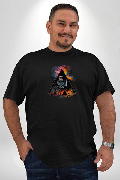 Angemiel تي شيرت أسود كبير الحجم للرجال والنساء من Pink Floyd Eye Pyramid باللون الأسود - طباعة أمامية أساسية