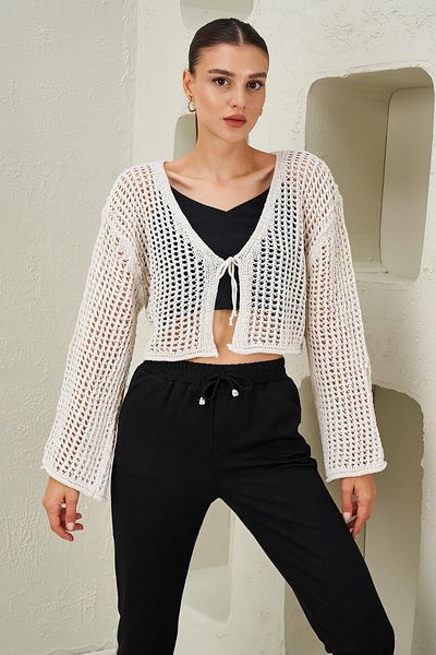 TENA Ecru Women's Crop Cardigan - Lace-up Front and Perforated