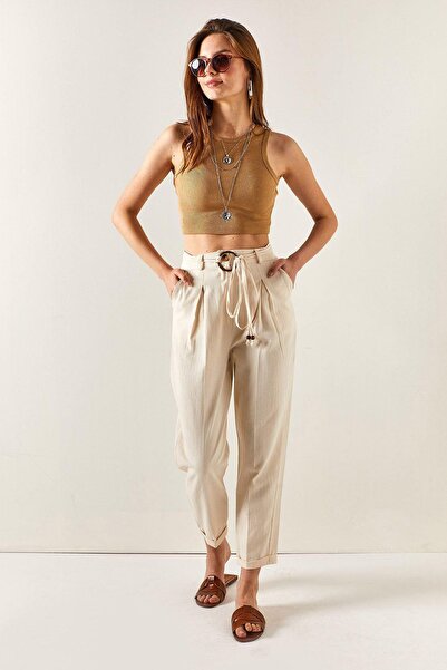 TENA Women's Natural Belted Basic Fish Back Gabardine Fabric Trousers