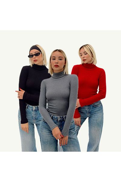 AFROGİYİM Women's Solid Color 3-Piece Turtleneck Blouse