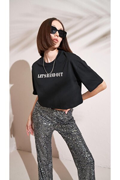 TENA Μαύρο Oversize Crop T-Shirt - Crew Neck, Single Jersey Foil Letter