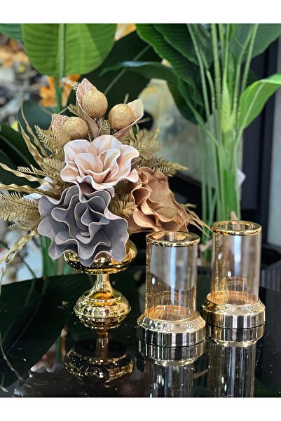 TASARIMHMODA Yapay Çiçekli 3 Parça Set Gold No:10
