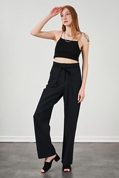 TENA Women's Black High Waist Leather Belt Poplin Trousers