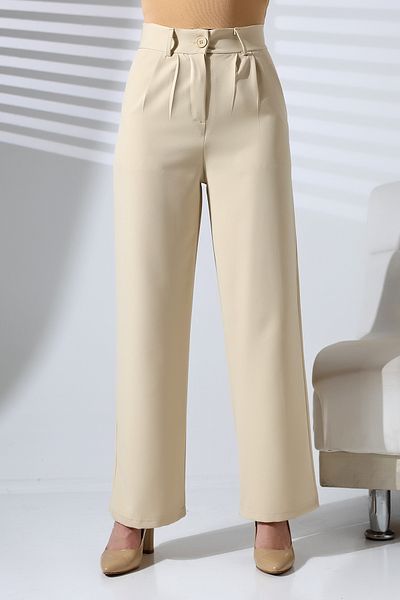 Deafox Cream Double Fabric Palazzo Trousers with Buttons and Pockets