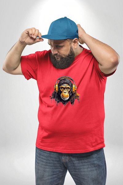 Angemiel تي شيرت Monkey Gold Headset - أحمر، مقاس كبير، للرجال والنساء للجنسين