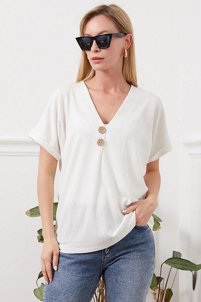 TENA Women's Ecru Low Sleeve V-Neck Button Detailed Rushel Blouse