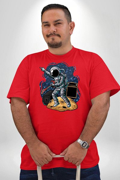 Angemiel تي شيرت أساسي للجنسين من Space Red Guitar Astronaut مقاس كبير للرجال والنساء