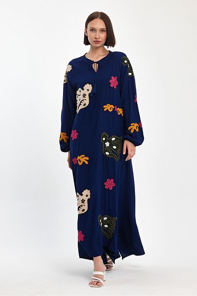 Denismoda Women's Long Sleeve Applique Detailed Long Viscose Dress