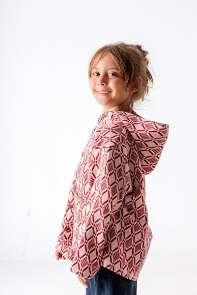 PLANT Mini Kids – Ethnic Hooded Red/White Color, 100% Cotton Knitwear, Kids Jacket with Buttons