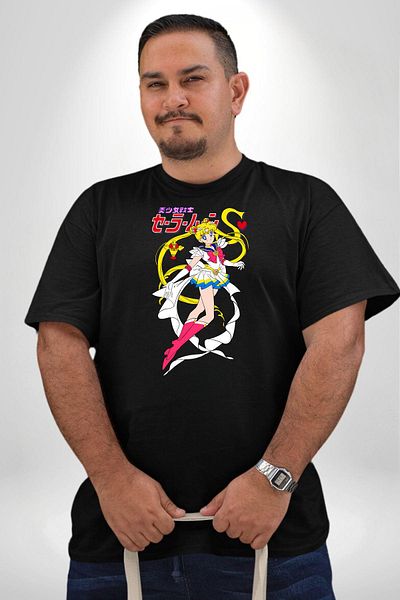 Angemiel تي شيرت Sailor Moon Anime - Usagi Tsukino أسود مقاس كبير للجنسين