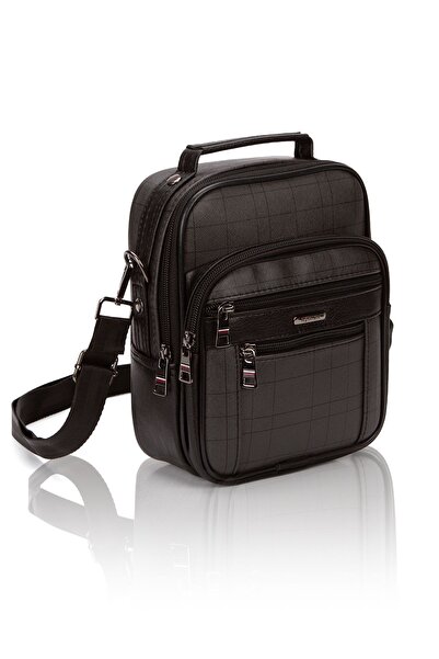 AVCA Черна кожена карирана мъжка чанта през рамо с регулируема презрамка и от...